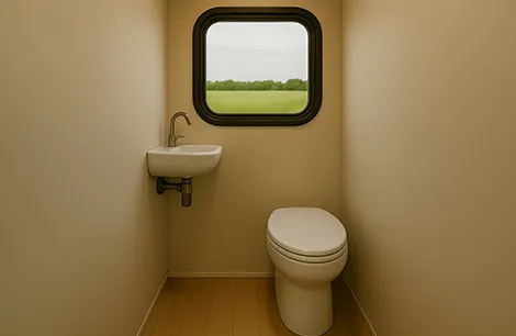 The tourer also features a minimalist bathroom