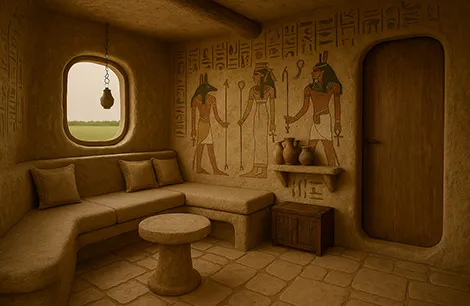 The lounge is spacious and well designed with ancient Egyptian drawings