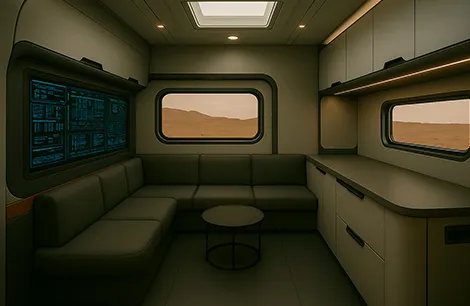 The lounge is accompanied by a sweeping view of the Mars surface