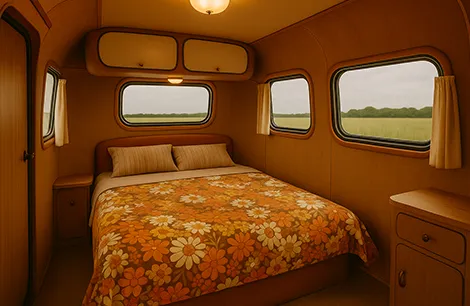 The flower patterned bedsheets and smart layout makes the bedroom a retro masterpiece