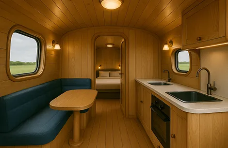 The boat caravan is designed and furnished like a luxury yacht