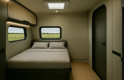 The bedroom has upper locker storage and a view to the outdoors