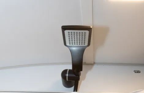 The shower rose, behind the part-wall