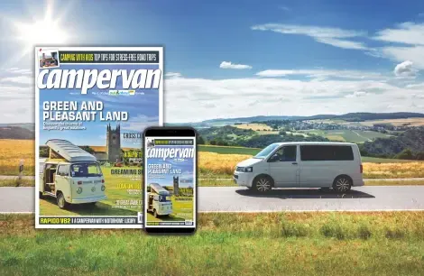 image of a campervan driving down a road with the campervan magazine overlayed