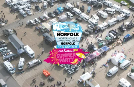 ariel image of a showground with the norfolk show logo overlaid