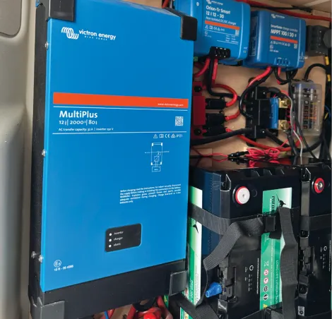A lithium battery set-up with inverter and B2B charger for mains capability off-grid
