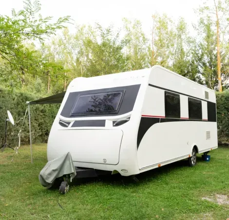 A caravan pitched in a campsite