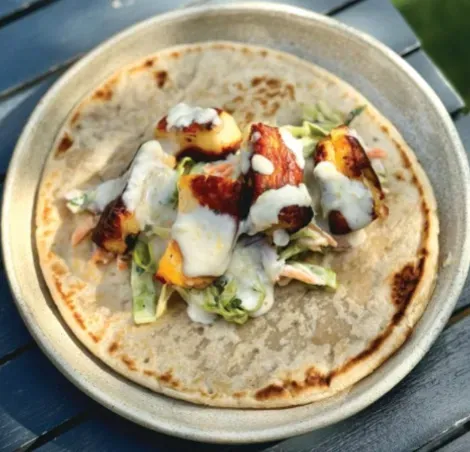 Chicken and halloumi flatbreads with ranch slaw