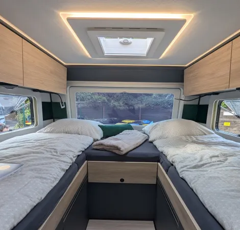 Frankia Next Cruiser 2026 bedroom, showing panoramic rear window
