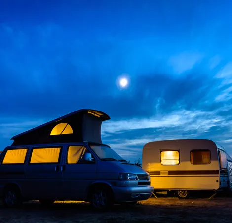 Campervan with lights on