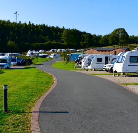 Llanidloes, Powys / Wales UK - 9/18/2020:A view of modern caravans & motorhomes on site at the Red Kite Touring Park close to Llanidloes in Mid-Wales. Adults-only site with fully serviced pitches.