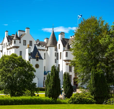 Perthshire, Scotland - July 27, 2012:  Blair Atholl, the Blair castle, home of the Duke of Athool, seen from the garden.