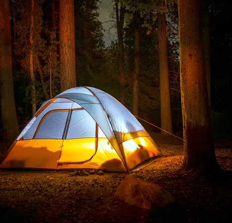 Tent illuminated at night
