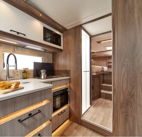 The kitchen inside the Avventura motorhome