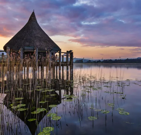 The Crannog at Llangorse Lake in the Brecon Beacons National Park, South Wales, captured at sunrise.
