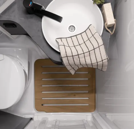 The washroom inside a Etrusco Overcab motorhome