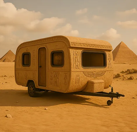 An ancient Egyptian styled tourer with a front view of the pyramids