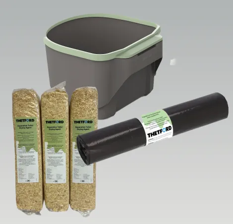 Thetford solid waste bucket with sawdust that controls odour and lines for easier disposal