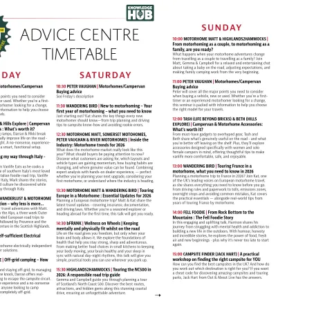 National Motorhome, Campervan & Camping - Advice Centre Timetable 2026