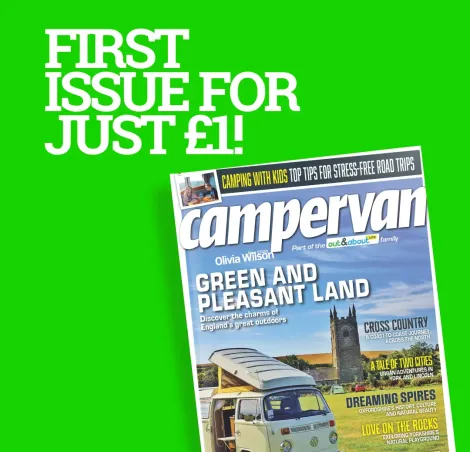 green background with the campervan magazine overlaid