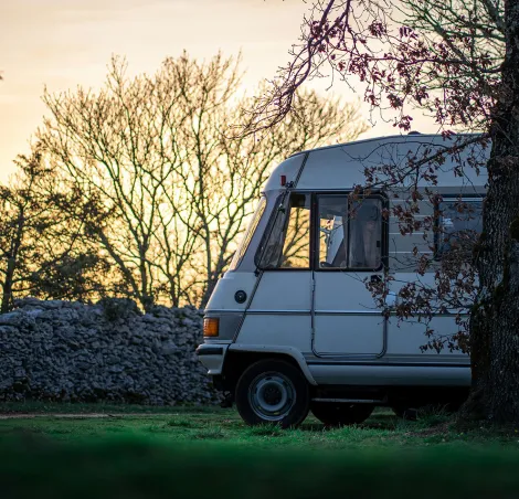 Motorhome parked up in the evening sunset
