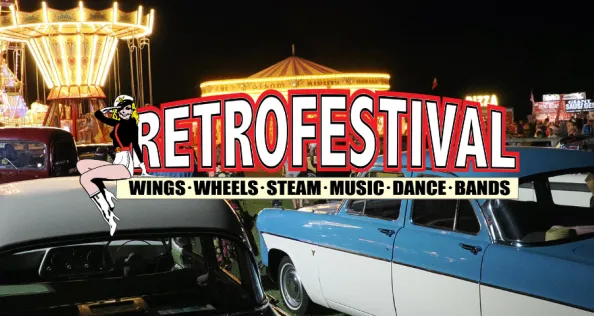 Retro Festival logo and background image of the site at night