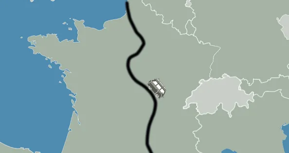 Map showing a route to the south of France by motorhome or campervan