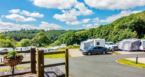 Llanidloes, Wales, UK – July 04 2019. Red Kite Campsite, Llanidloes, Wales. A campsite for touring caravans, motorhome and campervans exploring mid-Wales, UK