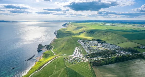 Panorama over Durdle Door Holiday Park and Jurassic Coast and Clifs, Wareham, Dorset, England, Europe