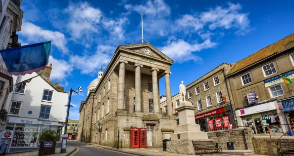 Penzance, England - 07 July 2017: The historical Market Building in Penzance Old town center is the main landmark of Penzance city, Cornwall, United Kingdom