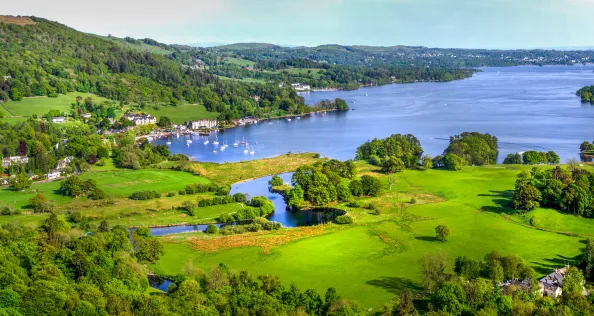 A view of Lake Windermere taken from above the village of Ambleside in the English Lake District