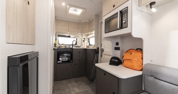 A modern lounge leans towards the practical and easy to use kitchen