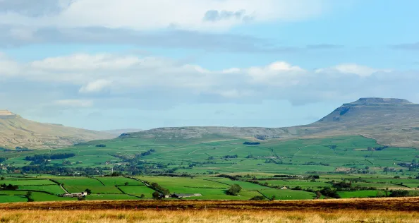 Whernside and Ingleborough high above the green farmland