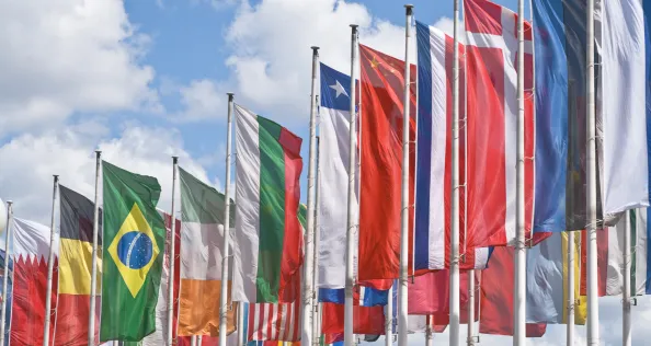 Many national flags against a beautiful cloudy sky
