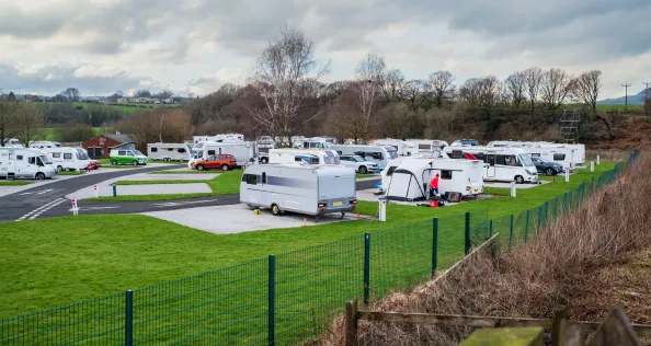 Burrs Bury UK 10 February 2024. Burrs country park Bury camping and caravan site in the winter with motor homes and caravans on hard stands