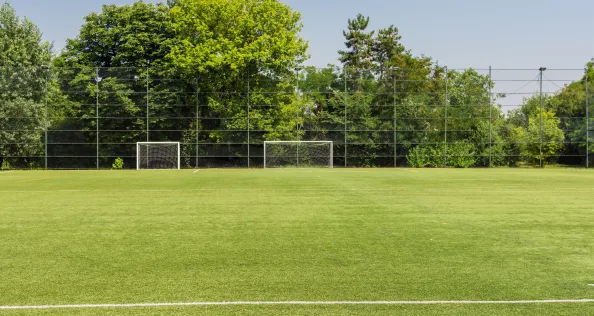 Football playground field with gates and net surrounded by trees somewhere in nature