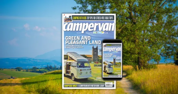 image of a field with campervan magazine overlaid